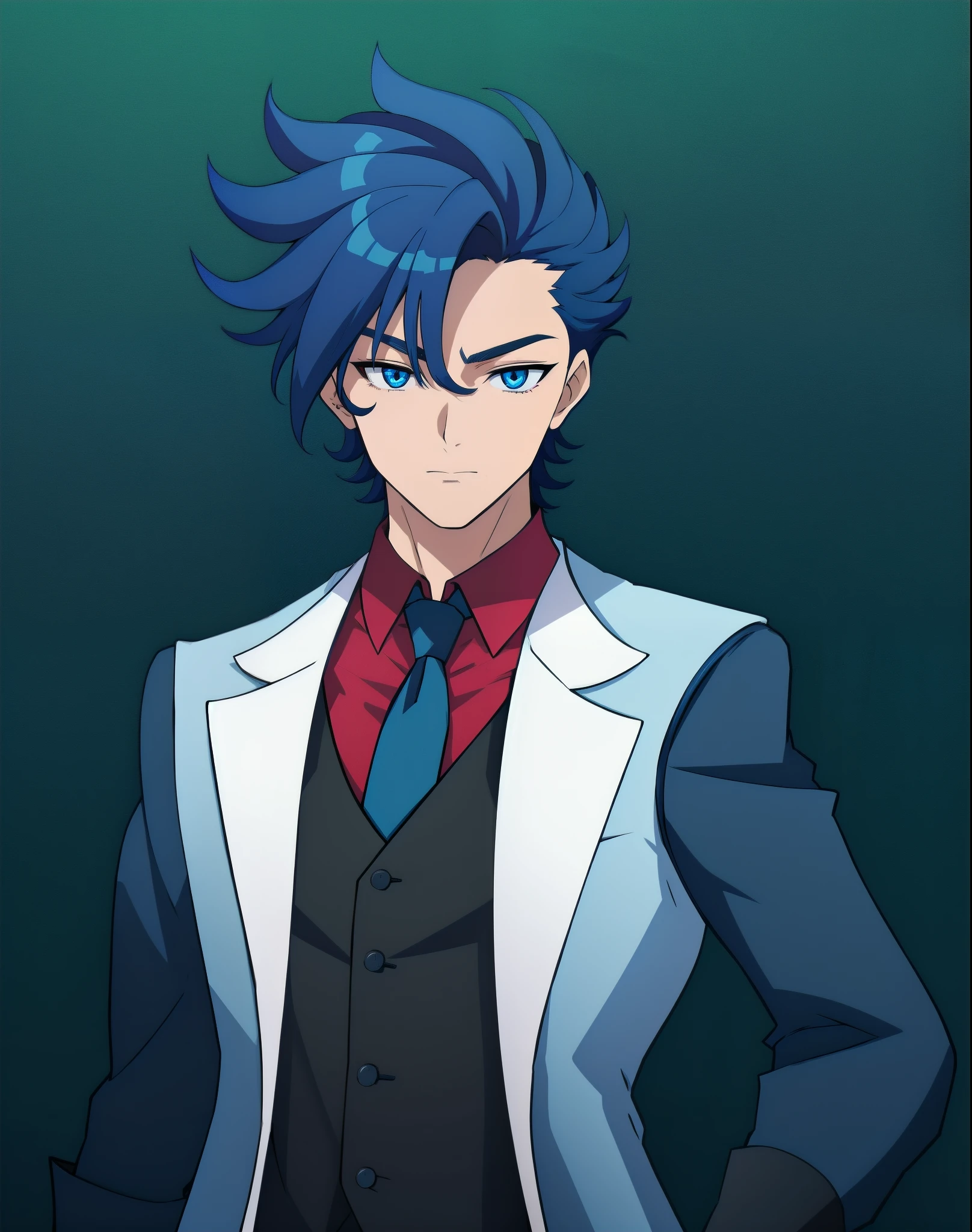 anime boy, dark blue hair, blue eyes, black suit, blue tie, (beautiful and aesthetic:1. 5), thick black lineart, clean lineart, perfect lineart, sharp lineart, best quality, high quality, best quality, ultra-detailed, HD, beautiful lighting,