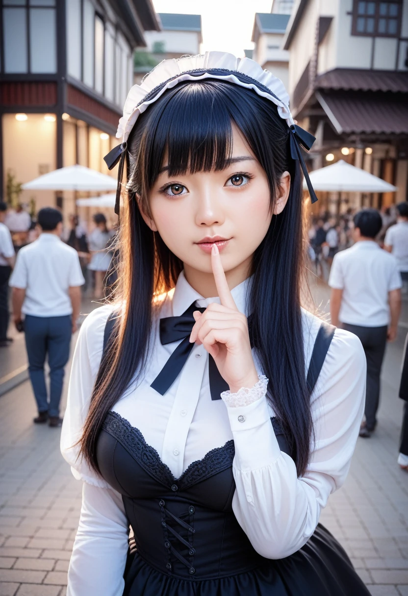 8k, raw photo, best quality, masterpiece, realistic, photo realistic, clear, professional lighting, beautiful face, best quality,ultra high res, realistic japanese beautiful, Super detailed, detailed fingers, solo,  1girl,  bangs, shiny hair, detailed hair, medium breasts, curvy, scenery,  gothic lolita, tokyo town, guilt, face view