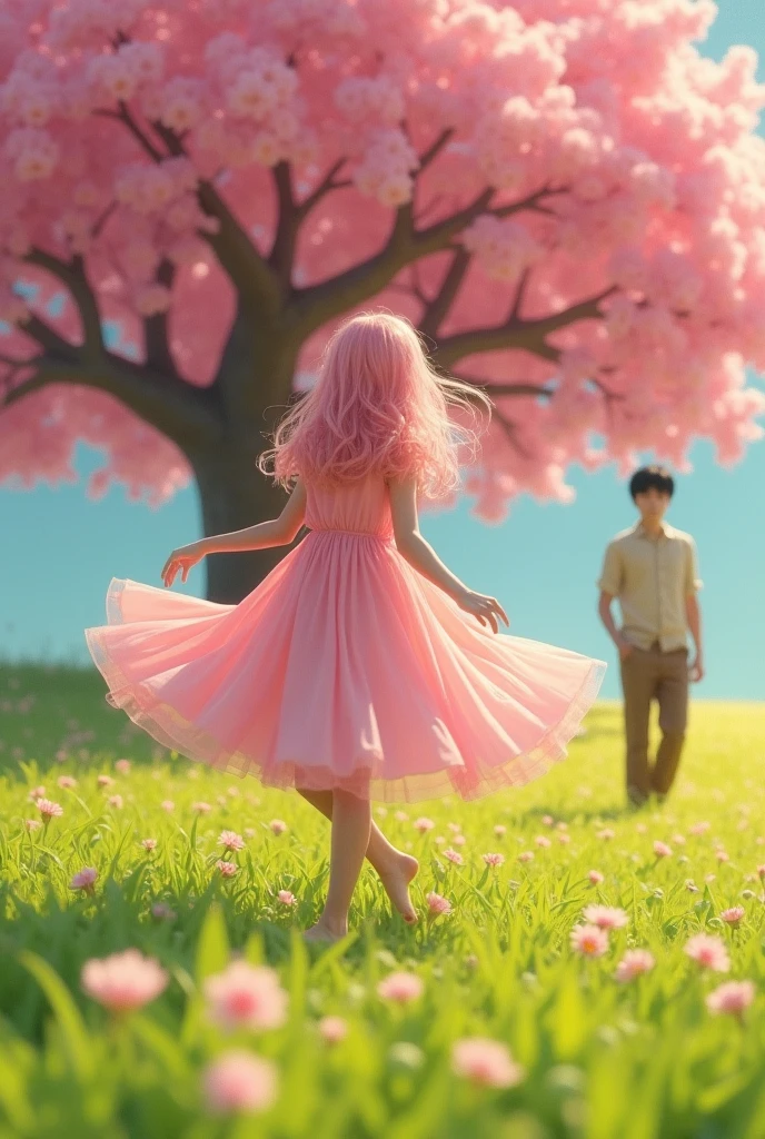 A young woman with long hair to her feet,cached and pink, in pink dress, barefoot, dancing in a field of green flowers with a pink tree in the background, in a sunny day, a black haired asian man , in brown pants and nude shirt hiding behind the tree, watching the woman dance