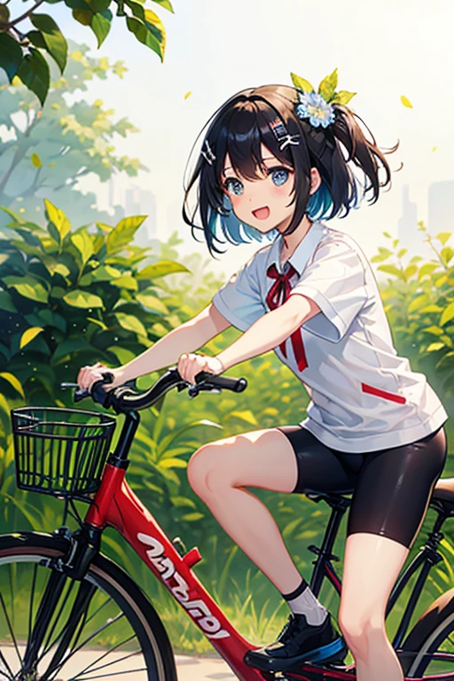 Highest quality、Black Hair、Iris、short hair、、cute、、、Small hair ornament、1 person、ride a bicycle、A happy look、Healthy and bright、