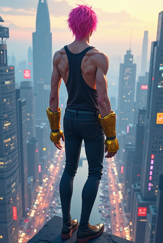 A man standing with pink hair, not very muscular, looking back,  on top of a building, using two golden gauntlets, with a hint of manhwa 