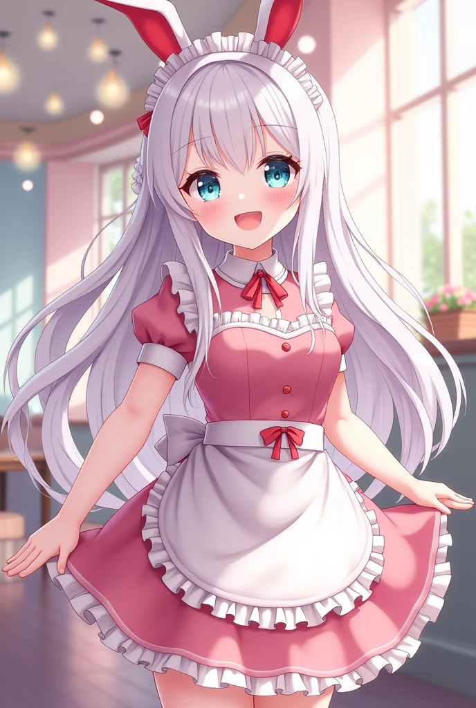 Anime girl kawaii with white long hair blue eyes bunny ears and pink maid uniform