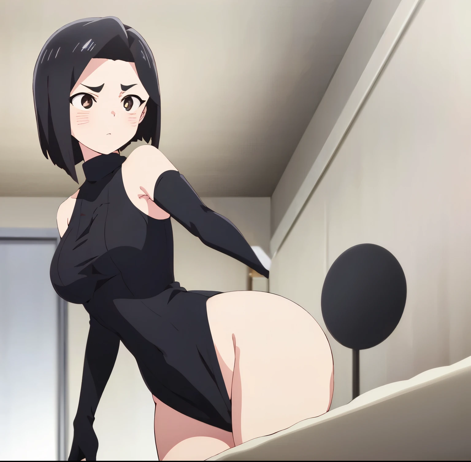 ((1girl)),((alone)), Sanae Yamada,(masterpiece), (best quality), (ultra detailed), (best illustration), (best shadow), (absurdities), sharp focus, cowboy shot ,atmospheric perspective, depth of field, dynamic posture looking at the viewer, large breasts, narrow waist, wide hips, wide thighs, round butt, erotic, romantic, (very detailed eyes, lips 1.1), very detailed eyes, eyes, very face detailed, Very beautiful face, Symmetrical face, Aesthetic face, perfect face, perfect eyes, detailed eyelashes: 1.5), full height, beautiful slim figure, femininity, expressive appearance, elastic big breasts, sexuality, 35 years old, short hair, black hair , brown eyes, detailed eyes, beautiful face, ahoge, sweater, beige turtleneck, black skirt, short skirt, bare legs, black heels, bare arms, sleeveless, arm behind the head, arms up, lips parted ,curves, defined body,Perfect and beautiful body, perfect and beautiful, closed mouth, neutral expression, serious face, blushing, (sexy pose: 1.2), ((solo)), standing: 1.3,(( outside, city, streets , embarrassed, window, cityscape, city lights, night)), looking forward, ((focus on breasts: 1.4), point of view: (from Middle), perfect anatomy, perfect hands