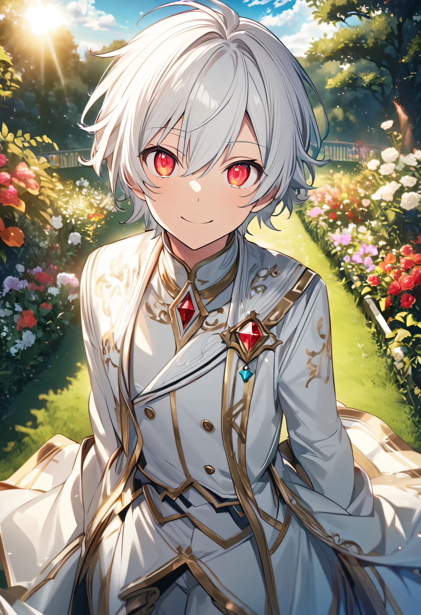 Aether \(AKB0048 Next Stage\), (short hair), (silvery white hair), (bejeweled eyes), (red eyes):1.2, white noble costume, smiling gently, ((ultra-detailed)), ((illustration)), (neat hair)), (beautiful detailed eyes), (male), 1boy, ((garden, sky, sun)), looking at viewer