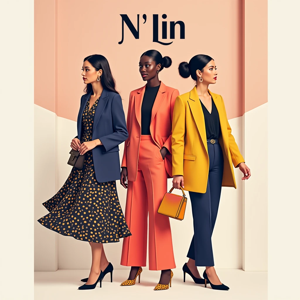 Create a fashion poster for the brand N'Lin, showcasing its chic and trendy style. The poster should appeal to young women aged 25-30, highlighting the brand's focus on fashionable and contemporary designs. Use a sleek and modern aesthetic with high-quality visuals that exude sophistication and style. Incorporate elements like bold typography, elegant models, and a clean layout that reflects the brand's identity as a leader in high-end fashion for young, stylish women. The overall design should convey a sense of exclusivity, confidence, and cutting-edge fashion.