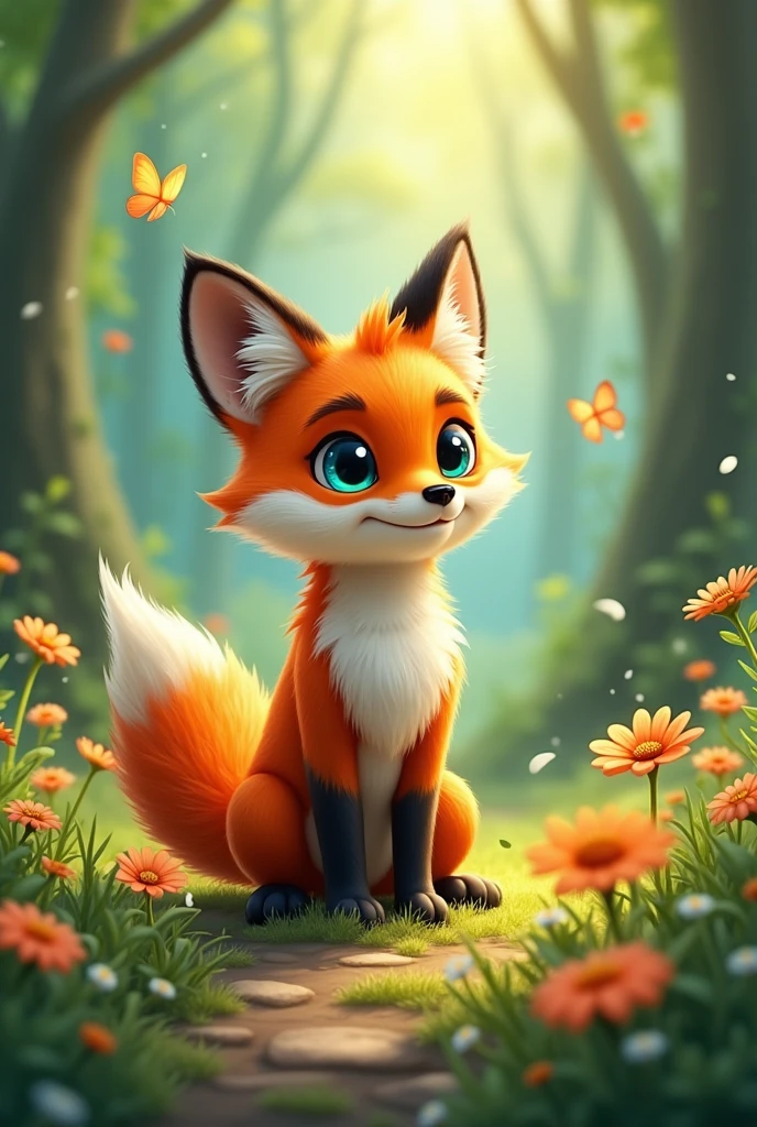 Make an orange fox with cyan blue eyes, very furry and hairy.