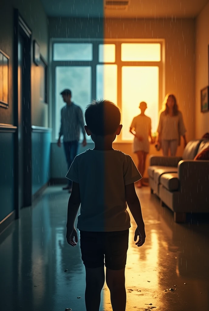 Create an image depicting two contrasting scenes of a child facing bullying at school and family support. On the left side, show a child who is being bullied, looking down with a sad expression, feeling isolated and vulnerable, with darker, rainy more muted colors to reflect their loss of confidence and the hostile and depressive environment around. On the right side, show a child who has been protected from bullying by family and parents at home, standing confidently with a supportive group of family and parents around child, with brighter, warmer colors to highlight their regained sense of security and positivity.