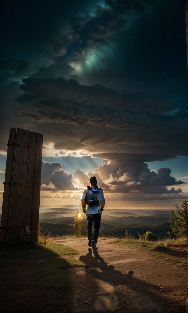 Árvore heavenly, big tree, paisaje, panorama, sky, naturals, Cedar, Cedars do Líbano, forst, Rivers of water, Thunder light, Detailed Realistic FullHD Photorealism, majestic, appealing, fire, villany,  thunder, Sky thunder, Man's Back, man walking, Running, Path to Sky, Sky Path, mascle, Door, photorrealistic 6K, Detailed UltraHD, detailed colors 8k, Elegant beauty, floor, stele, lightning strikes, heavens, céu Godlike, tempest, Towards the heavens, heavenly, Godlike, photorrealistic, Rendering, 4K, 8k, detailed textures, detailed shadows, padoru, detailed colors, sky de Deus, UltraHD 16K Details, Texturas photorrealistics de 16K, detailed sharpness 16K, detailed sharpness, detailed colors, realistic shadows, ultra realistic textures, High power, natural beautifuls, natural colors, realistic contrast, Texturas photorrealistics, detailed colors, lifelike colors, detailed shadows, Textuta photorrealistic FullHD, Sombras photorrealistics 8k, HD photorrealistic, Detalhes ultra-realistas de 8k, Cor photorrealistic 4K, Detailed FullHD Lights, Texturas Detalhadas photorrealistics 8k, Nitidez photorrealistic, villany, 4k detailed, ultra detaild, realistic contrast de 8k, detailed sharpness, cores Ultra HD, Man's Path, Man's in The Path, Man Walking in the Path, man walking, Man on the Path, Celestial Path, God man, Long Tunic, chic, 