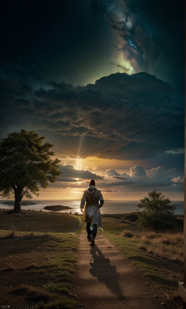 Árvore heavenly, big tree, paisaje, panorama, sky, naturals, Cedar, Cedars do Líbano, forst, Rivers of water, Thunder light, Detailed Realistic FullHD Photorealism, majestic, appealing, fire, villany, thunder, Sky thunder, Man's Back, man walking, Running, Path to Sky, Sky Path, mascle, Door, photorrealistic 6K, Detailed UltraHD, detailed colors 8k, Elegant beauty, floor, stele, lightning strikes, heavens, céu Godlike, tempest, Towards the heavens, heavenly, Godlike, photorrealistic, Rendering, 4K, 8k, detailed textures, detailed shadows, padoru, detailed colors, sky de Deus, UltraHD 16K Details, Texturas photorrealistics de 16K, detailed sharpness 16K, detailed sharpness, detailed colors, realistic shadows, ultra realistic textures, High power, natural beautifuls, natural colors, realistic contrast, Texturas photorrealistics, detailed colors, lifelike colors, detailed shadows, Textuta photorrealistic FullHD, Sombras photorrealistics 8k, HD photorrealistic, Detalhes ultra-realistas de 8k, Cor photorrealistic 4K, Detailed FullHD Lights, Texturas Detalhadas photorrealistics 8k, Nitidez photorrealistic, villany, 4k detailed, ultra detaild, realistic contrast de 8k, detailed sharpness, cores Ultra HD, Man's Path, Man's in The Path, Man Walking in the Path, man walking, Man on the Path, Celestial Path, God man, Long Tunic, chic,