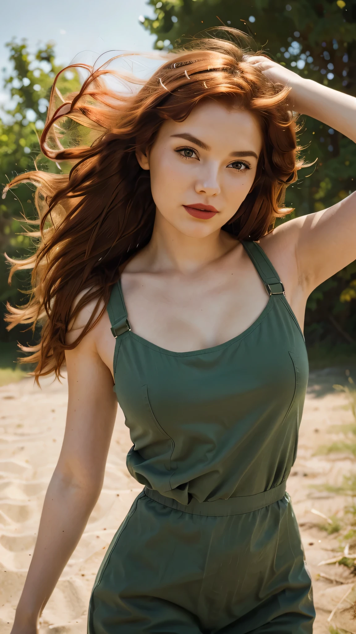 A realistic close-up photo of a young woman with vibrant red hair blowing in the wind. She has pale skin and red lipstick. Her hair is messy, covering parts of her face. The background is a blurred, dynamic outdoor scene with a mix of green and brown tones, suggesting movement and a windy day. The overall effect gives a dreamy and surreal vibe, with the woman's serene expression contrasting with the wild motion of her hair and the background. 