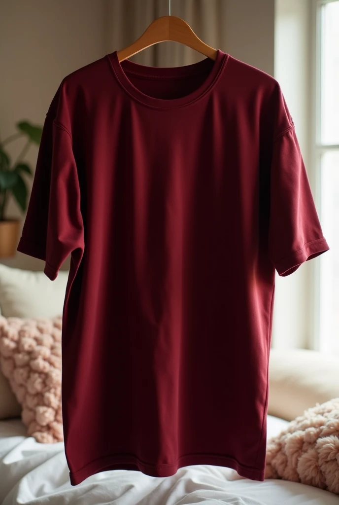 "Create an image of a maroon oversized T-shirt, made from a soft, comfortable cotton fabric. Realstic