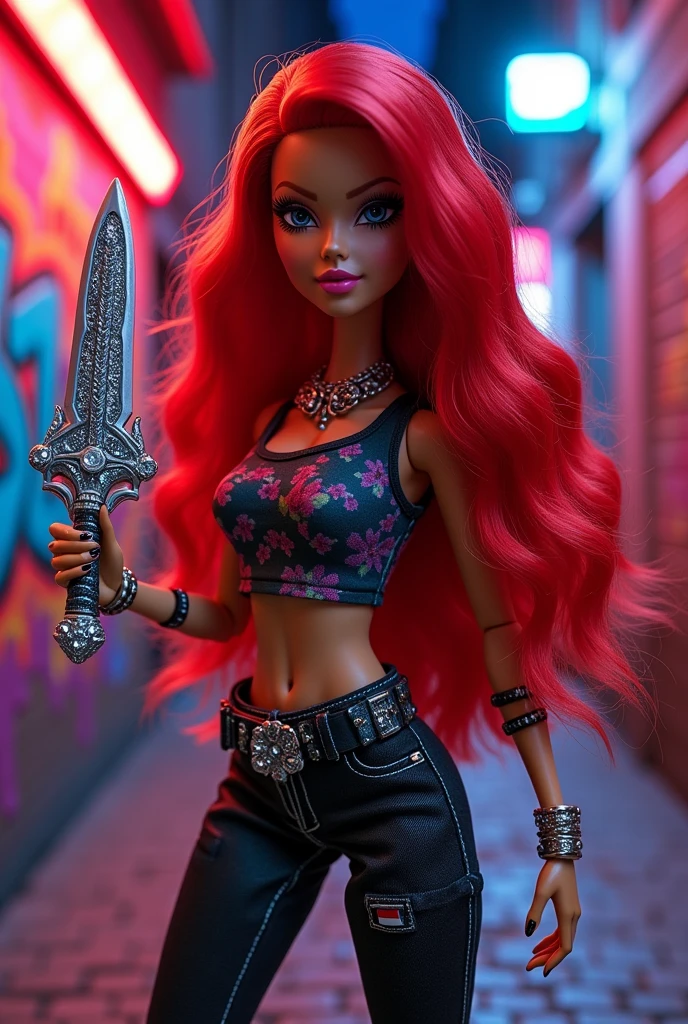 A Bratz doll with red dyed hair and a weapon in her hand