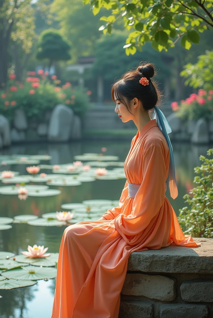 a Korean woman smiling faintly wearing a long-sleeved ginger dress, blue ribbon around her neck, wearing a long skirt, flower petals on her ears, sitting pose on a wall in front of a pond/lotus flower/flower garden fountain tiles