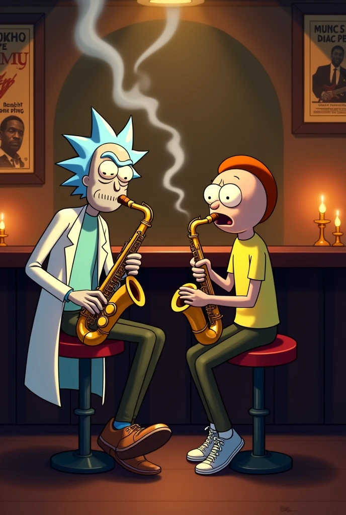 Rick and Morty playing jazz and smoking cigarettes 
