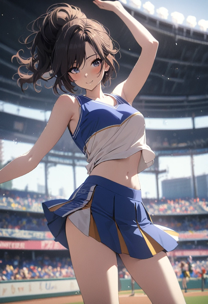 1 girl, alone, cheerleader, health beauty, a handsome face, beautiful body, long legs, white skin, fine portrayal, Ultimate Details, baseball stadium, short skirt, tank top, Dance, Smile, masterpiece, best quality,
