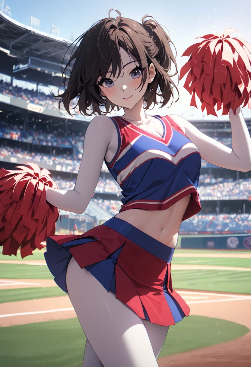 1 girl, alone, cheerleader, health beauty, a handsome face, beautiful body, long legs, white skin, fine portrayal, Ultimate Details, baseball stadium, short skirt, tank top, Dance, Smile, masterpiece, best quality,