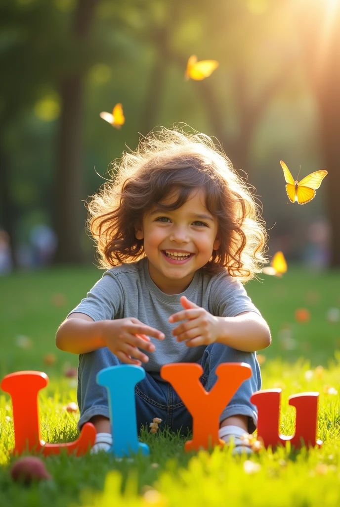 A boy with long, curly brown hair that falls below his shoulders, big brown eyes, playing with letters L I Y u in a park.  