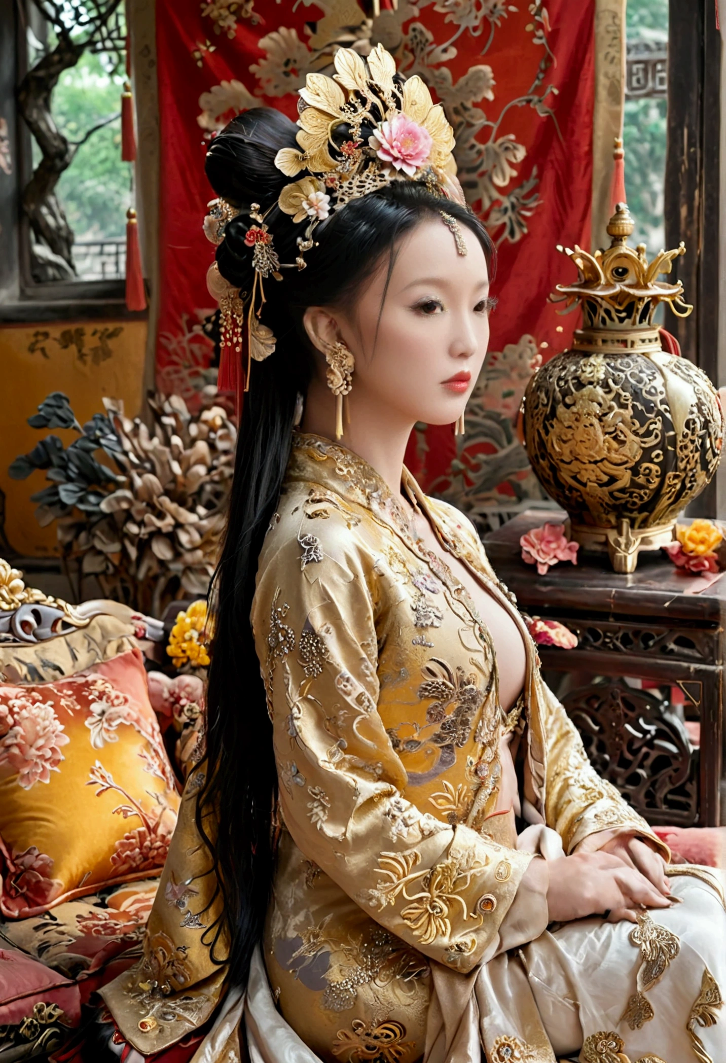A lavish Empress of China's Qing Dynasty, sitting on a large golden sofa, Completely naked, she is facing away, showcasing her large bosom and massive rear., I see her face.（Porn Pose） Tie your hair on both sides、Beautiful Chinese empress wearing a crown、Background of kinky and erotic woman tying her hair、The story is set in the opulent rooms of the empress&#39;s palace in China during the Qing Dynasty.。.。
