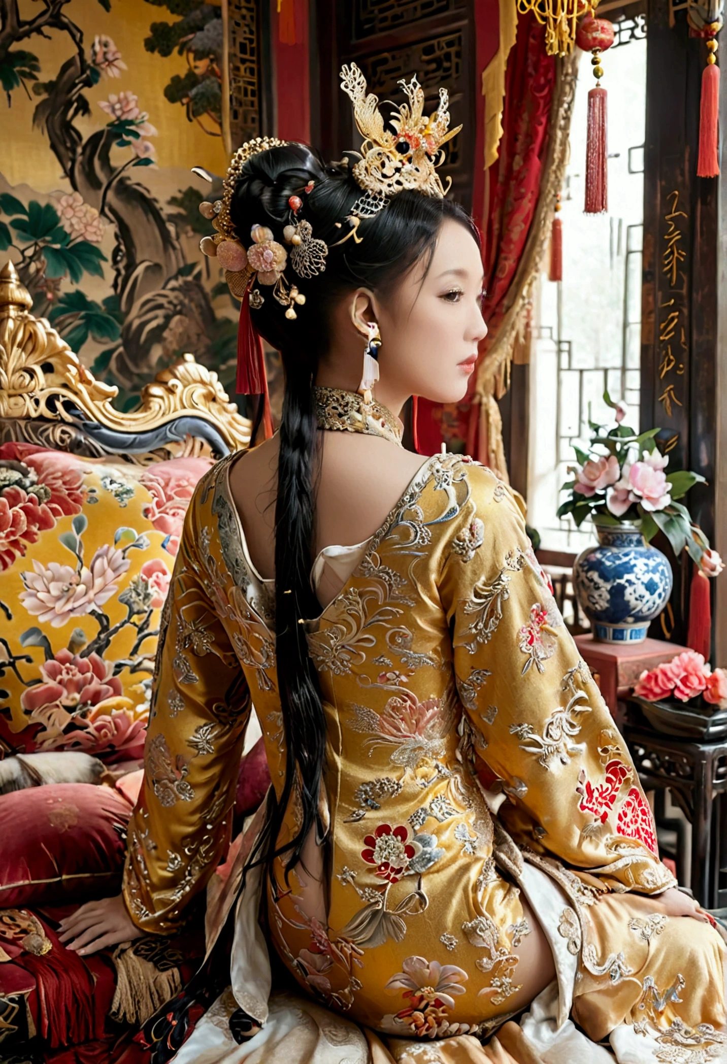 A lavish Empress of China's Qing Dynasty, sitting on a large golden sofa, Completely naked, she is facing away, showcasing her large bosom and massive rear., I see her face.(Porn Pose) Tie your hair on both sides、Beautiful Chinese empress wearing a crown、Background of kinky and erotic woman tying her hair、The story is set in the opulent rooms of the empress's palace in China during the Qing Dynasty.。.。