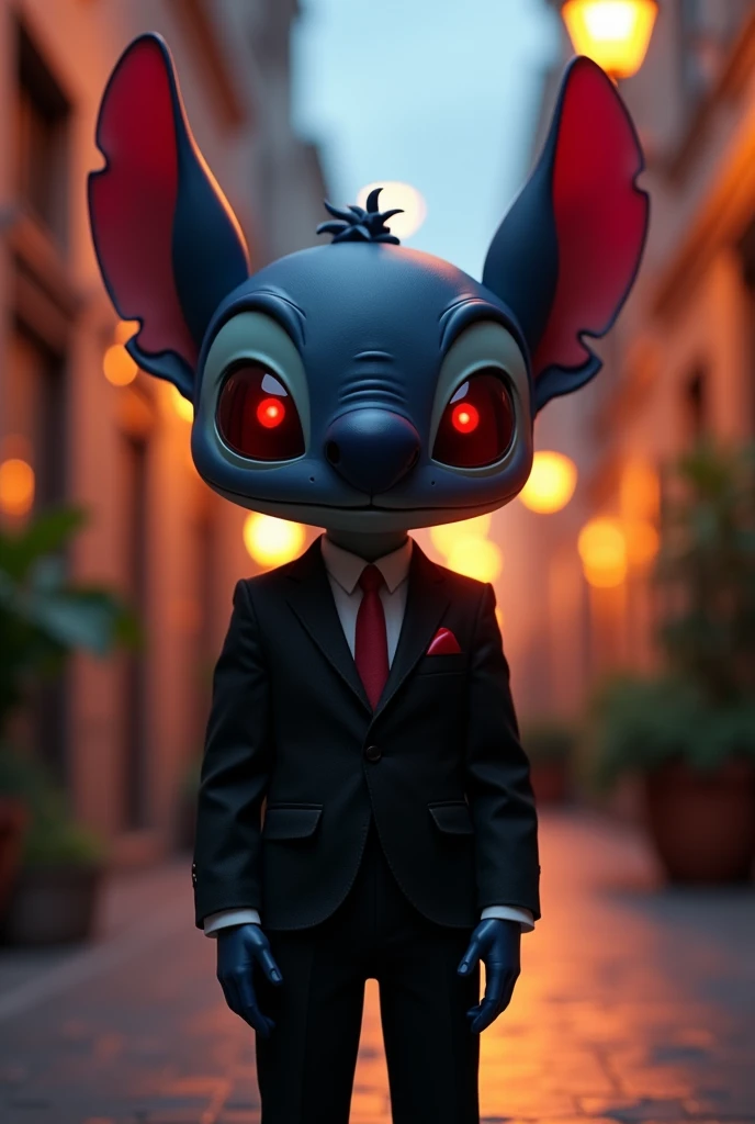 Height: Short and compact. head: A head similar to Stitch, but with black skin and bright red eyes. tenue: Wear an elegant suit, with a classic and sophisticated style, In the black color, and black gloves that accentuate its mysterious look. pants: Black and fitted, complementing the suit.