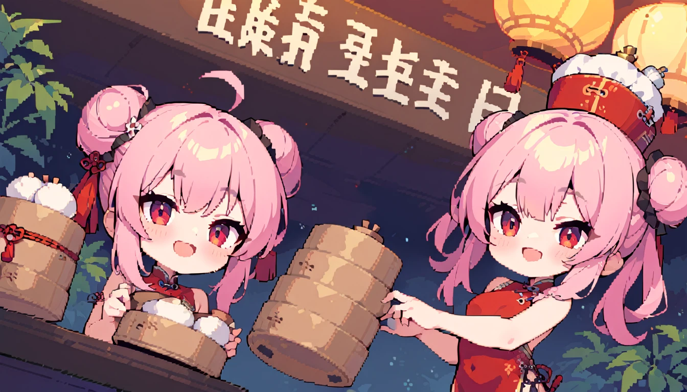 masterpiece, Highest quality, 8k, Pixel art, Pixel art, Vivid, One young woman, smile, cute, Turning at an angle, Open your mouth, Fluffy hair, Long Hair, Hair like sheep's hair, Pink Hair, eyebrow, 太いeyebrow, China dress, Chignon Cap, (Highest quality:1.0), (China Hotel), Holding a bamboo steamer in both hands, It contains meat buns, Circular red rotating table