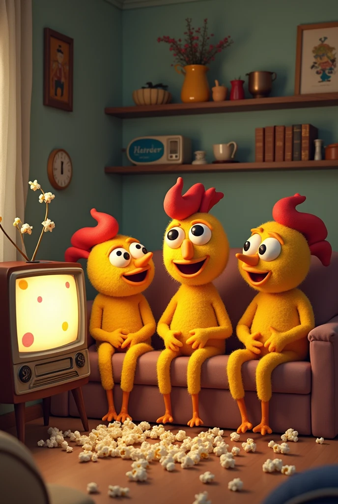 Family of boneless and armless chicken snacks watching tv
