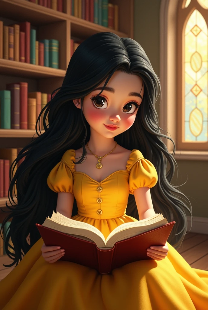 Beautiful baby from the fairy tales Beauty and the Beast with black hair , dark shaped eyes, pink lips, She is reading books wearing a yellow dress.