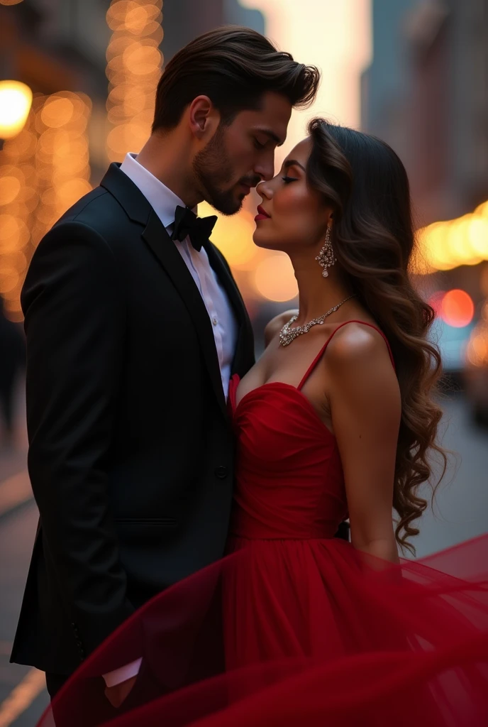 Ultra rael v5 man behind side of woman face view front side woman wear the red dress and man wear up black dress