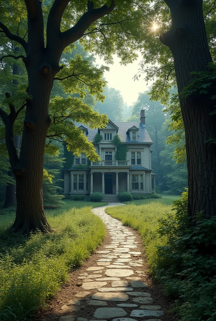 A mansion with a lonely walkway surrounded with lots of trees