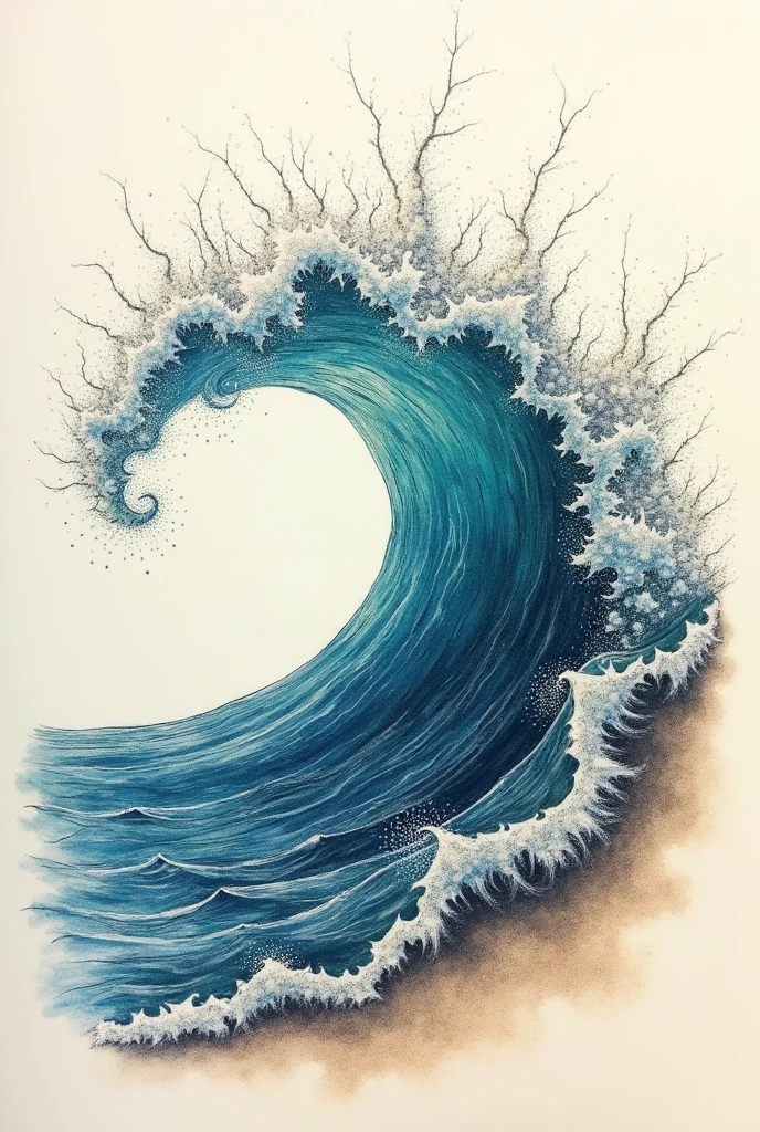 Create a tattoo decal design in the pointillism style with fine lines of a sea wave.
