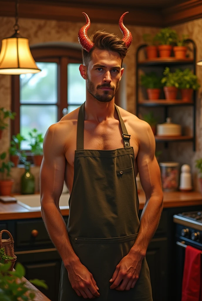 ((Half-angel)), ((Half-demon)),Guy,naked in an apron,kitchen,NSFW,Krill horns,soft light,Deluc,Genshen Inpack,