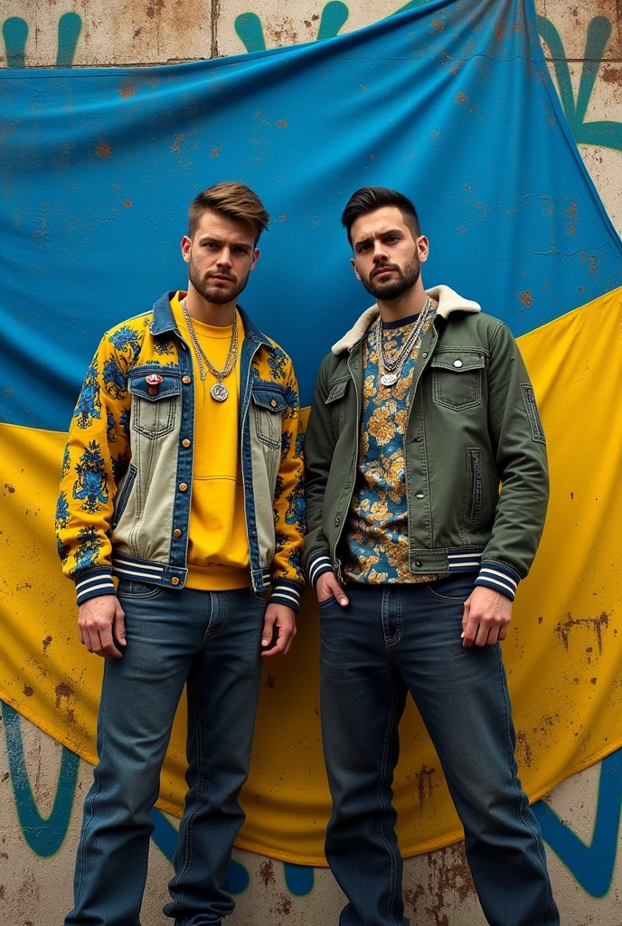 create a image for rap album
its gonna be with two men and ukraine flag on it