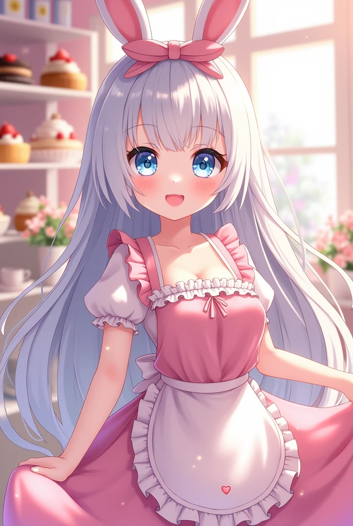 Anime girl kawaii with white long hair blue eyes bunny ears and pink maid uniform