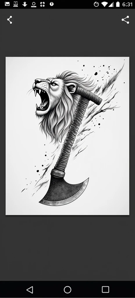 Black and white tattoo of a roaring lion emerging from the blade of this axe