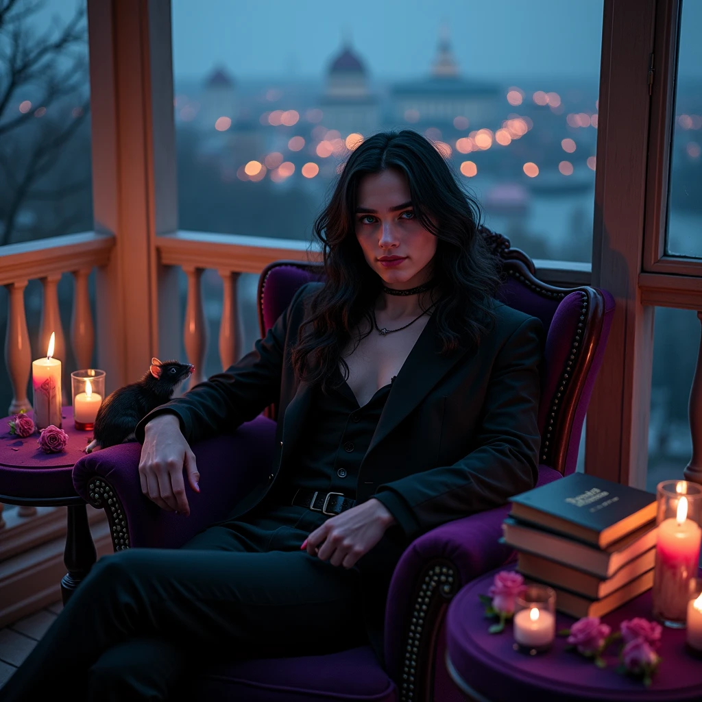 Male, sexy, long black hair, teal blue eyes, young, gothic, delicate features, no facial hair, no body hair, seductive, white and pale. sitting in a chair on a candle-lit veranda overlooking a Russian city at night. Roses. Sexy pose. Purple and black. Sexy. Sexy pose. Seductive. Sensual. Long eyelashes. Big bulge in his pants. No facial hair. Pretty face. Thick legs. Sexy pose. Fyodor Dostoevsky books on the table. Man. Male. Cute Hamster on lap. Smirking. No body or facial hair

