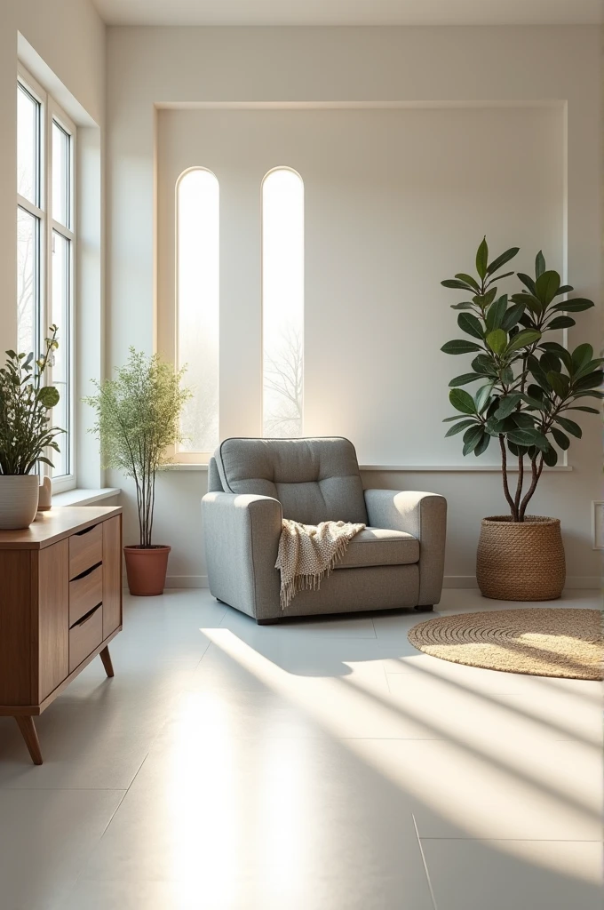 Living room of 4 meters x 4 meters with window at the end, porcelain floor to white color, armchair in the gray, behind the armchair there are 3 small elongated windows in a diagonal shape 