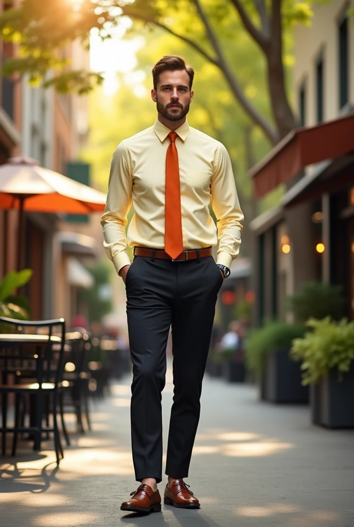 Man wearing a light pastel yellow long-sleeved shirt, terracotta tie and black pants, brown shoes