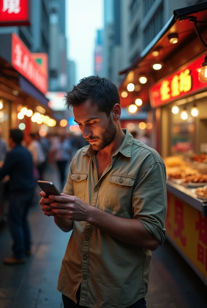 Show me an extremely hungry man with a phone in his hand