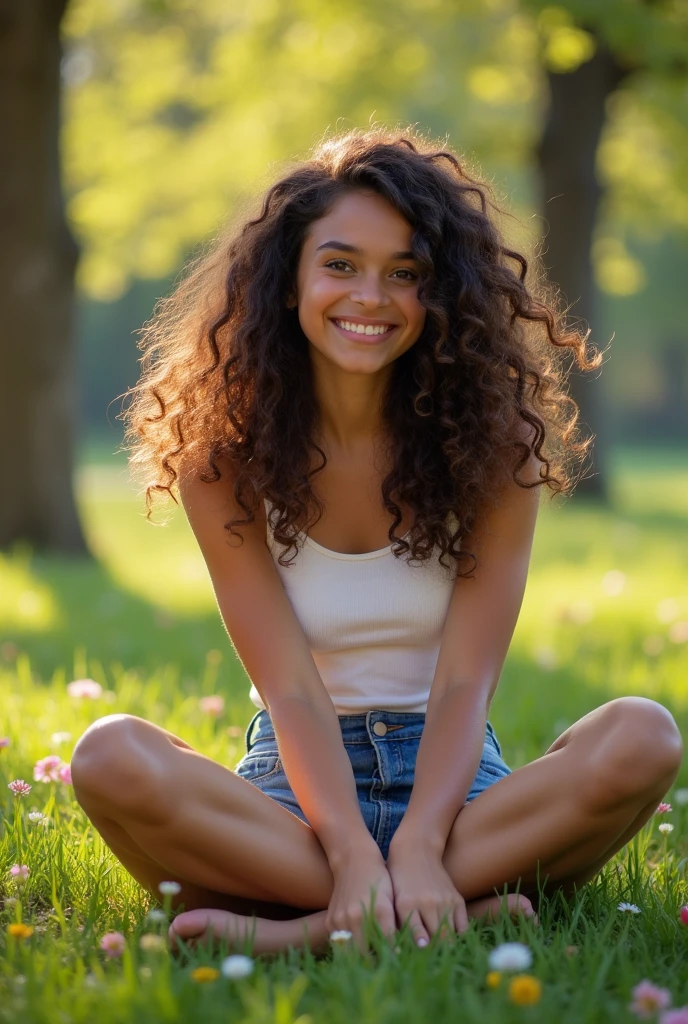 A brunette girl with curly hair and big breasts sits with her legs stretched out, taking a realistic photo