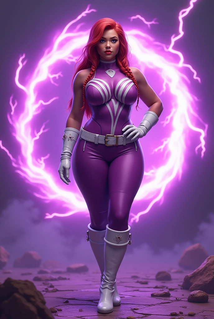 Rhea Jones, Lodestone from doom patrol, (red 2 tiny braids long hair:1.4), (huge breast:1.6), wearing a violet costume 1960 style, big white in the chest and stomach, with white belt, white glowes, white boots, (screenshot of a beat em up videogame), (she's surrounded by a purple energy:1.5), (3d style:1.4)