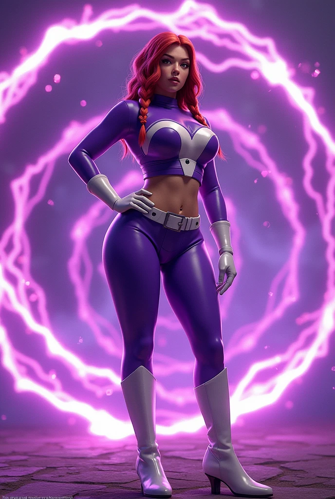 Rhea Jones, Lodestone from doom patrol, (red 2 tiny braids long hair:1.4), (huge breast:1.6), wearing a violet costume 1960 style, big white in the chest and stomach, with white belt, white glowes, white boots, (screenshot of a beat em up videogame), (she's surrounded by a purple energy:1.5), (3d style:1.4)