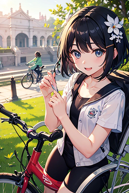 Highest quality、Black Hair、Iris、short hair、、cute、、、Small hair ornament、1 person、ride a bicycle、A happy look、Healthy and bright、cycling、