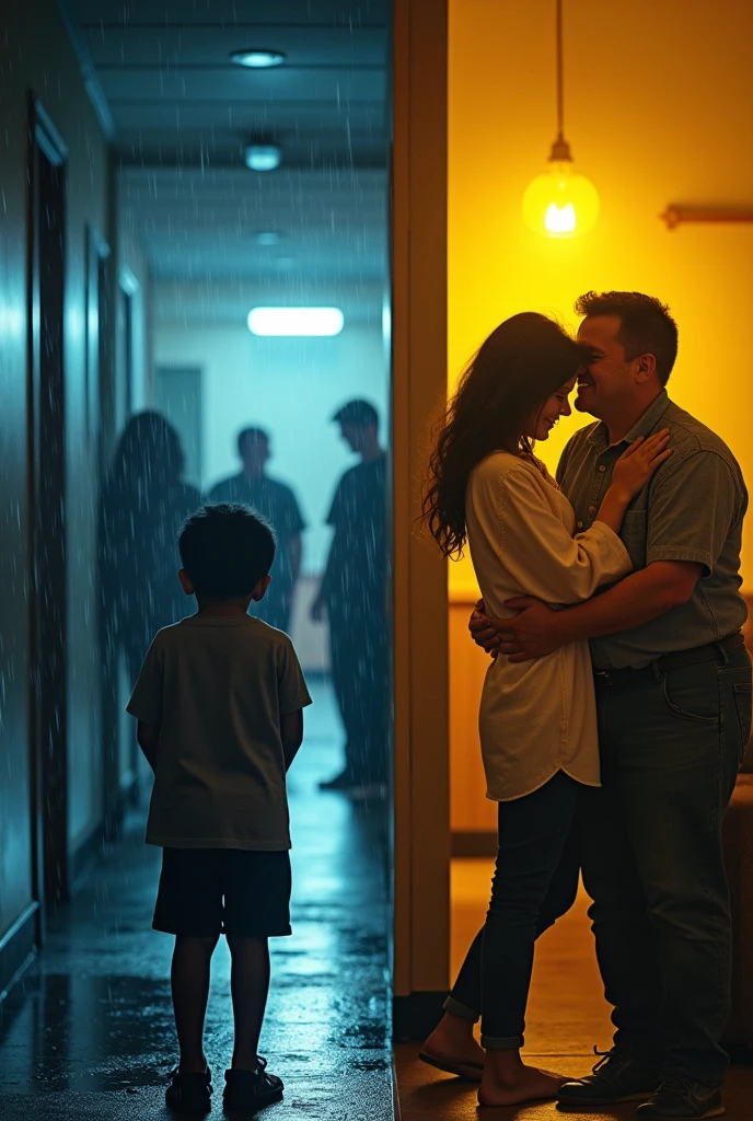 Create an image depicting two contrasting scenes of a child facing bullying at school and on the second family support. On the left side, show a child who is being bullied, looking down with a sad expression, feeling isolated and vulnerable, with darker, rainy more muted colors to reflect their loss of confidence and the hostile and depressive environment around. On the right side, show a child who has been protected from bullying by family and parents at home, standing confidently with a supportive group of family and parents around child, with brighter, warmer colors to highlight their regained sense of security and positivity.