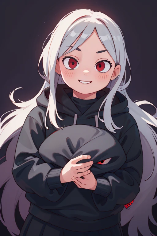 (best quality, realistic:1.37), big fat body, detailed portrait, white long hair, red eye, sinister smile, horror, black hoddie, black skirt, dark background, intense lighting, surreal colors