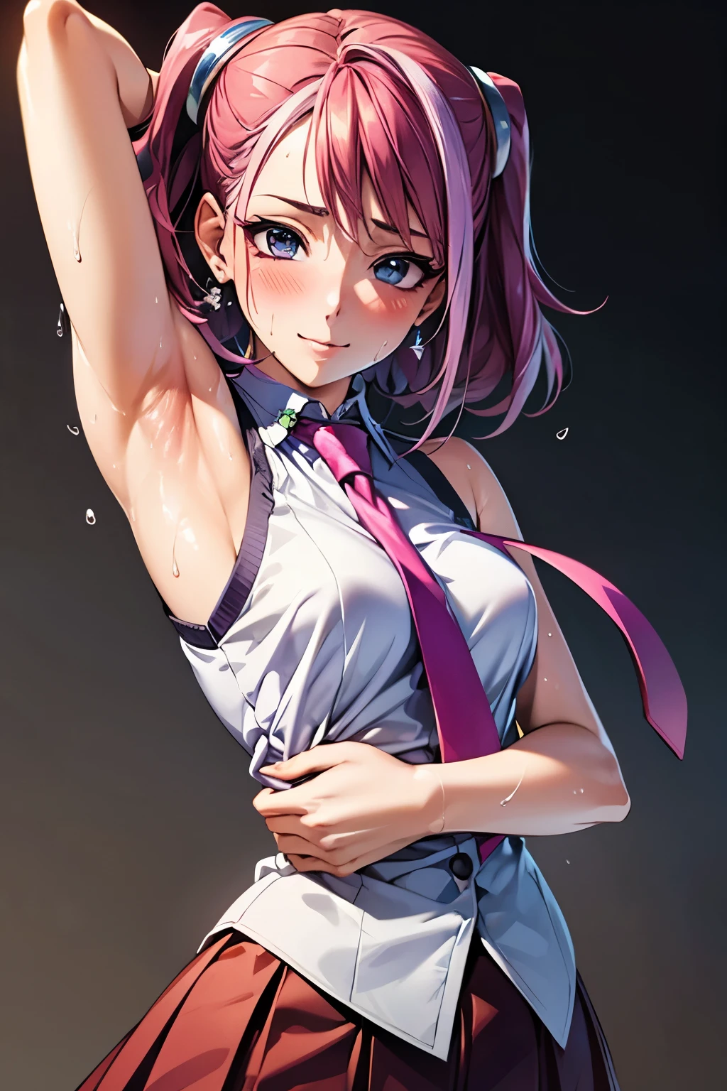 1 Female,High definition,high resolution,Ultra-realistic,8K, hy1, hair ornament, multicolored hair, necktie, skirt,pink skirt,tight skirt,miniskirt,jewelry,sexy,Upper body close-up,Photographed from the front,Dynamic Angles,blush, medium , happy, wink the eye,facial, sweat,armpit,