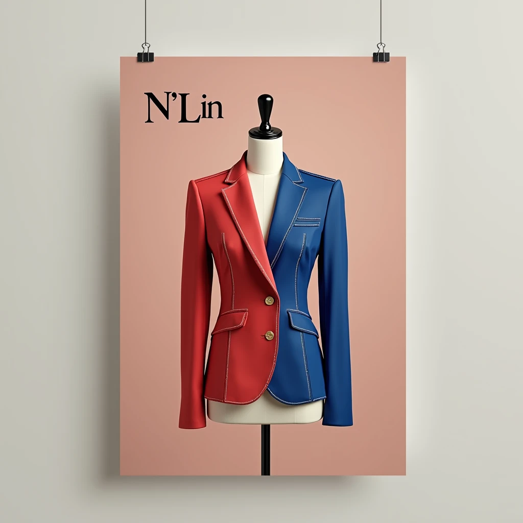 Create a fashion poster featuring a women's blazer as the main product, with the brand name 'N'Lin' prominently displayed in the image. The poster should exude elegance and sophistication, appealing to young women with a refined and trendy sense of style. Use a minimalist design with a clean background, focusing on the blazer's details and quality. The typography should be sleek and modern, and the placement of 'N'Lin' should be tasteful yet noticeable, reinforcing the brand's identity within the high-fashion market.