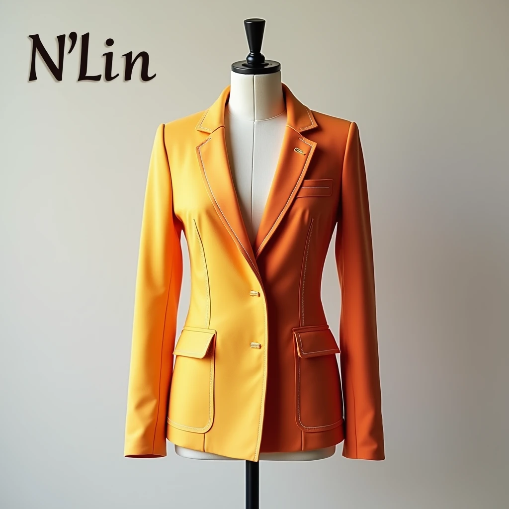 Create a fashion poster featuring a women's blazer as the main product, with the brand name 'N'Lin' prominently displayed in the image. The poster should exude elegance and sophistication, appealing to young women with a refined and trendy sense of style. Use a minimalist design with a clean background, focusing on the blazer's details and quality. The typography should be sleek and modern, and the placement of 'N'Lin' should be tasteful yet noticeable, reinforcing the brand's identity within the high-fashion market.