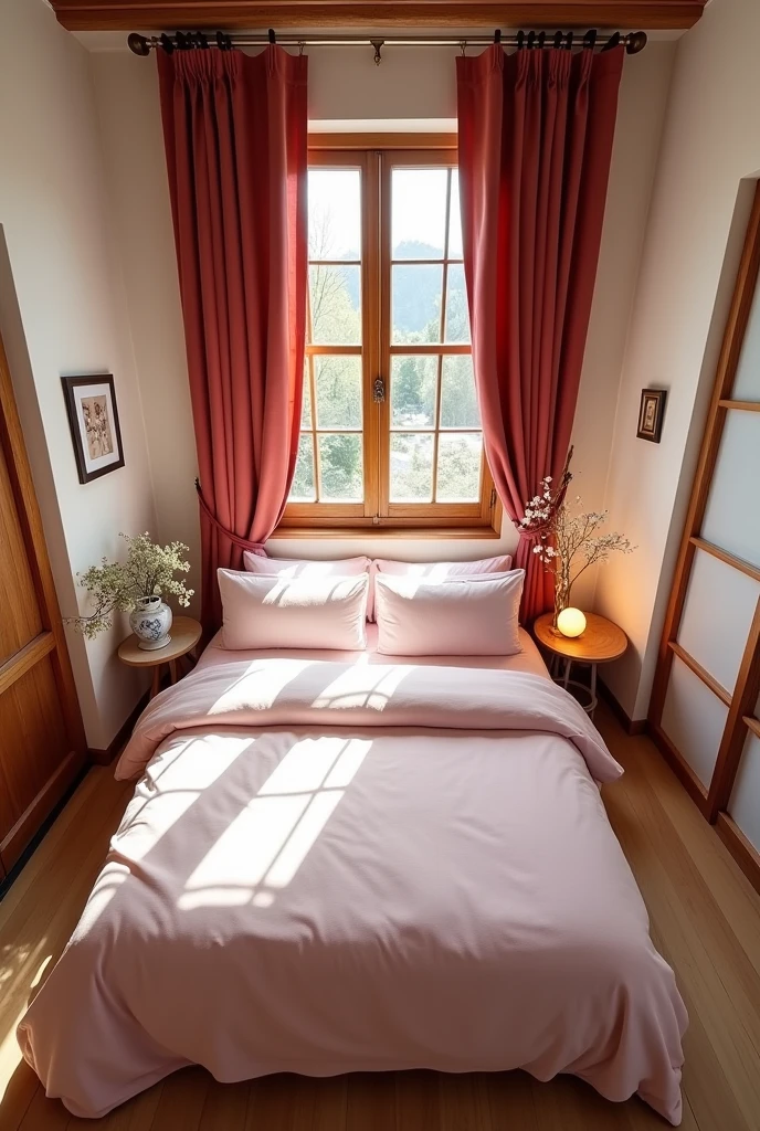 From an aerial view, the spacious bedroom features a large bed centered in the room, dressed with a light pink bedsheet and two neatly placed pillows. Adjacent to the bed is a small table holding a delicate flower vase. To one side, a wooden window adorned with rich red curtains allows natural light to fill the room. The overall layout conveys a cozy and inviting atmosphere, with a harmonious blend of soft colors and natural elements.