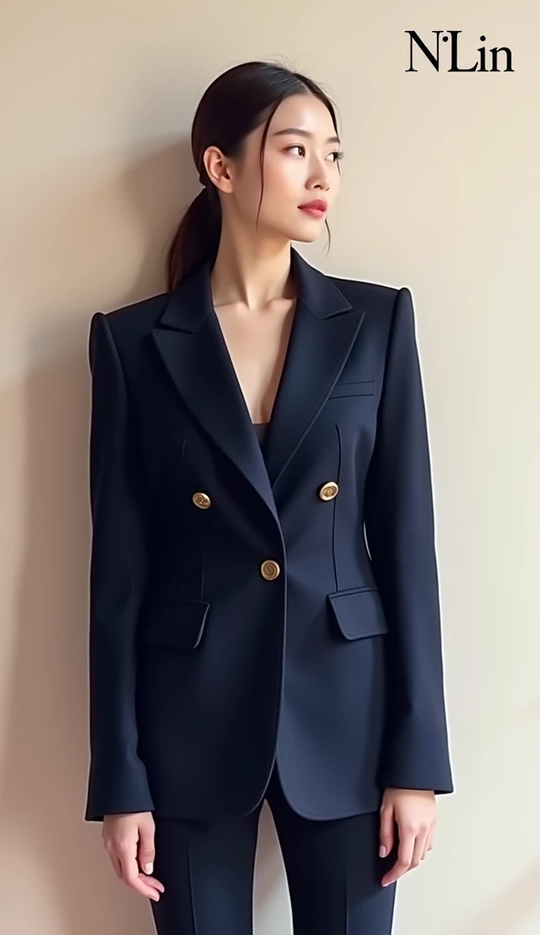 Create a fashion poster featuring a women's blazer as the main product, with the brand name 'N'Lin' prominently displayed in the image. The poster should exude elegance and sophistication, appealing to young women with a refined and trendy sense of style. Use a minimalist design with a clean background, focusing on the blazer's details and quality. The typography should be sleek and modern, and the placement of 'N'Lin' should be tasteful yet noticeable, reinforcing the brand's identity within the high-fashion market.