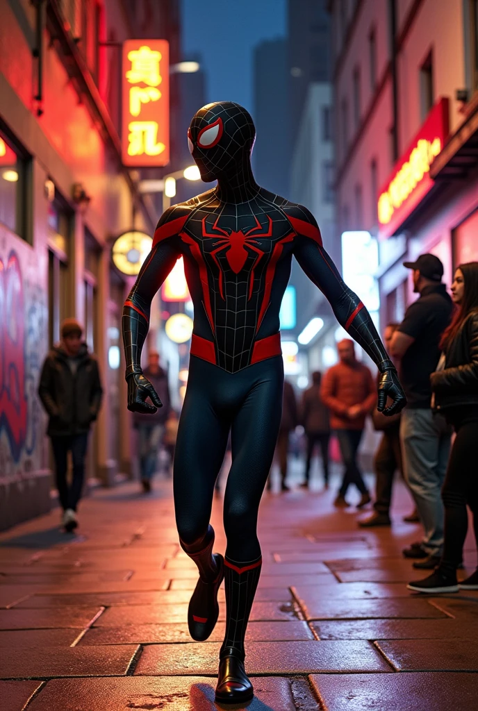 Black Spider-man dancing while walking on road dancing like michel jackson
